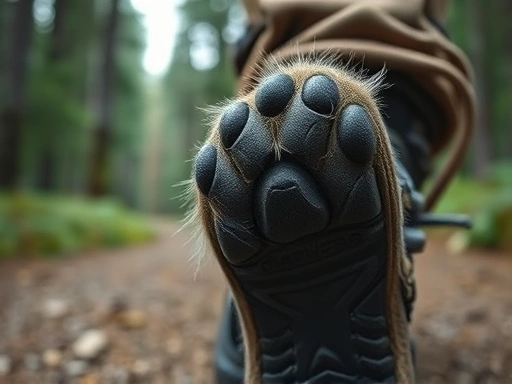 Close-up of a furry paw on a hiking boot, resting on a forest trail, symbolizing the bond and outdoor adventures of pet owners and their animals.