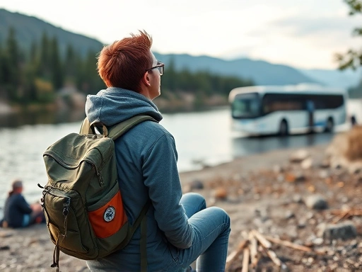 A person with a backpack enjoying a quiet moment at a lakeside campsite, with a bus visible in the background, implying public transport accessibility.