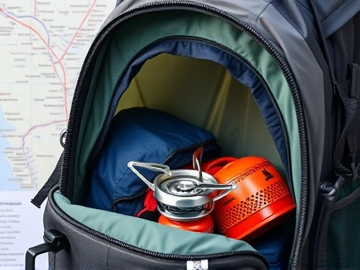 Close-up of lightweight camping gear (small tent, portable stove) packed efficiently into a backpack, with a map of public transport routes in the background.