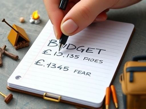 Close-up shot of a hand highlighting budget numbers on a notepad, with small camping gear icons (tent, campfire, backpack) scattered around.
