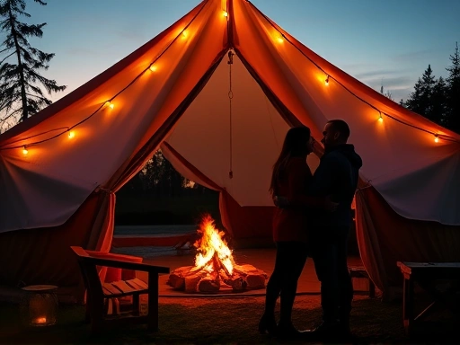 A cozy and romantic glamping tent at dusk, with warm string lights, a campfire outside, and two silhouetted figures of a couple enjoying the serene nature, emphasizing intimacy and comfort.