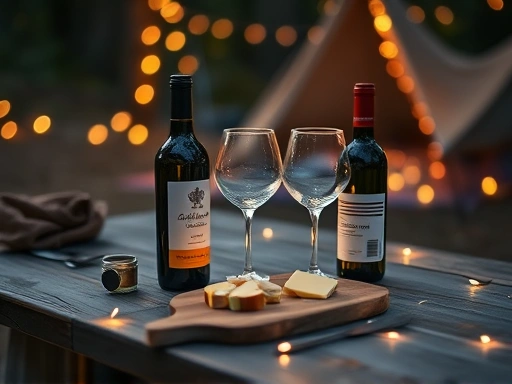 Close-up of a beautifully set up outdoor table for two, with a bottle of wine, two glasses, a small cheese board, and delicate fairy lights creating a warm, intimate atmosphere for a romantic camping dinner.