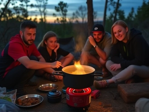 A cozy camping scene at dusk, with a family or friends gathered around a portable stove, cooking a warm soup in a pot, surrounded by nature and warm ambient light.