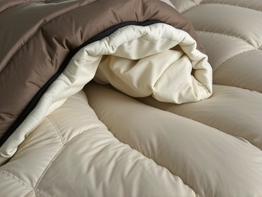 A close-up shot of a high-fill-power goose down sleeping bag, showing its soft loft and lightweight fabric, emphasizing quality and comfort.