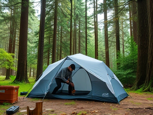 A solo camper setting up a lightweight tent in a serene forest, surrounded by tall trees and lush greenery, emphasizing peaceful outdoor preparation.