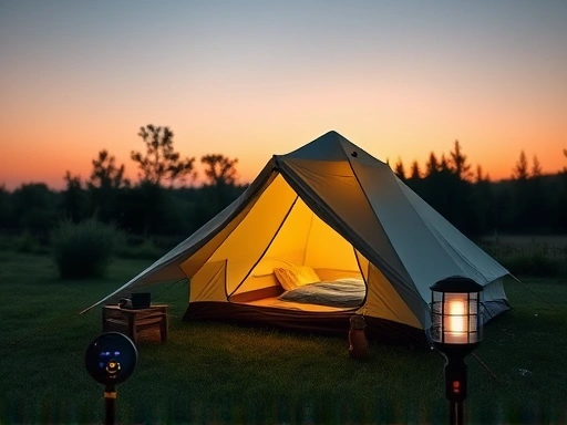 A serene summer camping scene at dusk, a well-pitched tent glowing softly, with a few visible bug zappers or repellent devices in the foreground, indicating a comfortable bug-free zone.