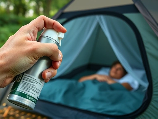 Close-up of a hand applying bug spray or a person comfortably sleeping inside a tent with a mosquito net, highlighting the peace and protection from insects during camping.