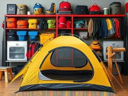 An organized camping gear display with a modern tent in the foreground, showing a practical approach to choosing camping equipment for an adventure.