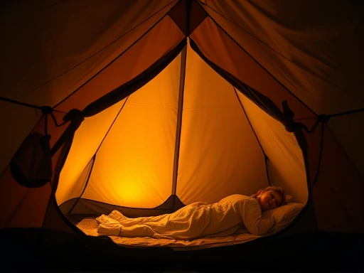 A cozy tent interior at night, with a soft glow, showing good ventilation and a person sleeping comfortably, emphasizing freshness and warmth.