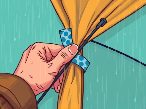 A detailed illustration of a hand patching a tent tear with duct tape during a rainstorm, with water drops visible, emphasizing emergency repair and resourcefulness.