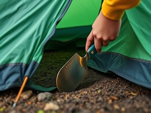 Close-up of a person's hand using a trowel to dig a small trench around the base of a tent, redirecting rainwater away, showing practical outdoor problem-solving.
