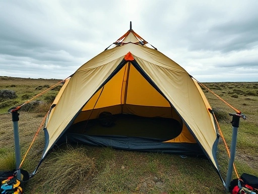 A high-angle shot of a sturdy camping tent securely anchored in a windy, open field with visible guy lines and strong pegs, emphasizing stability and safety in challenging weather.