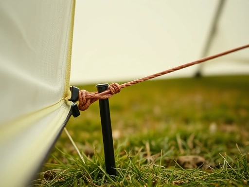 A close-up view of a tent peg firmly driven into the ground, with a taut guy line extending from the tent fabric, illustrating the critical connection point for wind resistance and stability.
