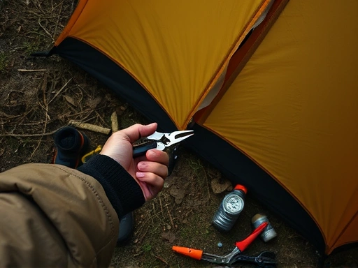 A detailed top-down shot of a person using pliers to fix a broken tent zipper in a wilderness camping setting, with tools and a tent visible.