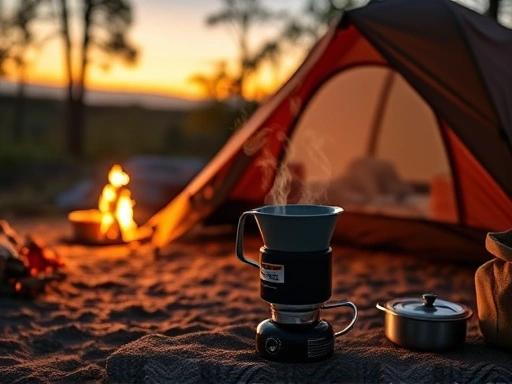 A cozy camping scene at dusk, with a portable stove brewing hot tea, surrounded by warm light and a tent, showing essential camping gear.