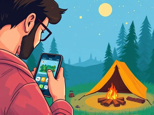 A vibrant illustration of a person quickly checking a camping app on a smartphone, with a tent and campfire in the background, symbolizing spontaneous weekend camping.