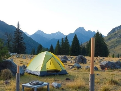 A serene wild camping scene in a safe, secluded natural area with mountains in the background, a small tent pitched responsibly, emphasizing harmony with nature.