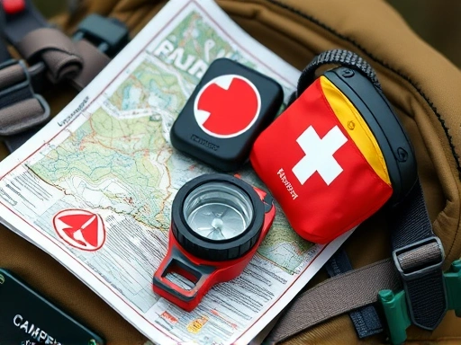 Close-up of essential wild camping gear: a map, a compass, a first-aid kit, and a headlamp, resting on a responsible camper's backpack, highlighting preparedness.