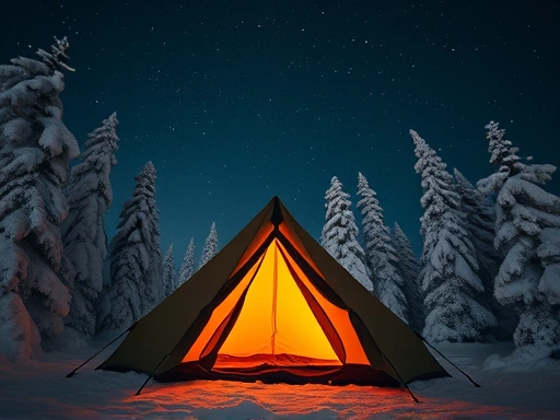 A cozy winter camping tent interior at night, with warm light emanating from inside, surrounded by snow-covered trees under a clear, starry sky. Emphasizes warmth and safety.