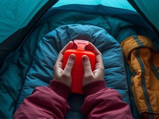 Close-up on hands warming over a hot water bottle inside a sleeping bag in a tent, showing a comfortable and warm setup for winter camping, with focus on essential gear.