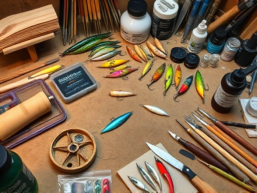 A detailed workbench with various artificial fishing lures, raw materials like wood and resin, and tools like knives and paints, emphasizing creativity and precision in lure making.