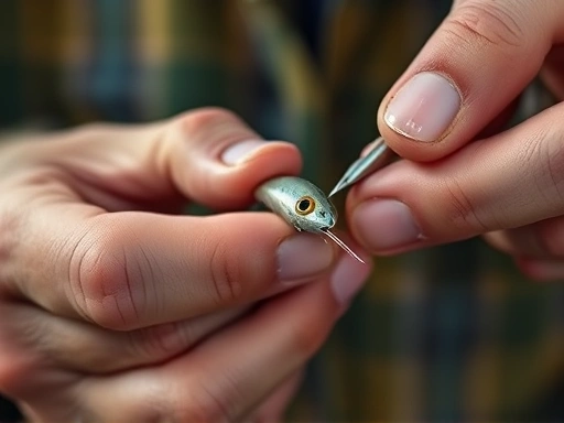 Close-up of an angler's hands meticulously modifying an artificial fishing lure with small tools, adding details like paint or weights to enhance its action and appeal.