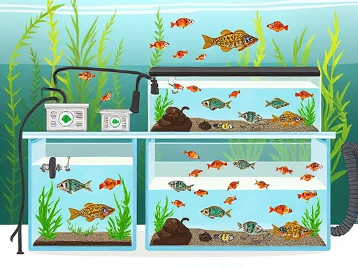 A detailed illustration of a home aquaculture setup for bait fish, showing different tanks for breeding and rearing, with healthy fish swimming and aquatic plants in the background, conveying efficiency and self-sufficiency.