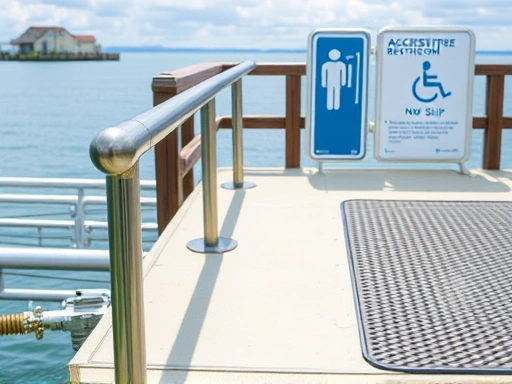 Close-up of accessible features at a barrier-free fishing spot: a sturdy handrail along a gentle ramp leading to a non-slip fishing platform, with an accessible restroom sign in the background, focusing on safety and thoughtful design.