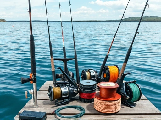 A detailed illustration of various heavy-duty fishing equipment for big fish fishing, including strong rods, powerful reels, and thick lines, neatly arranged on a pier next to a vast lake.