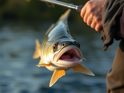 A close-up shot of an angler expertly fighting a large fish, focusing on the bending rod and the tension in the fishing line, with a serene water background, demonstrating proper technique.