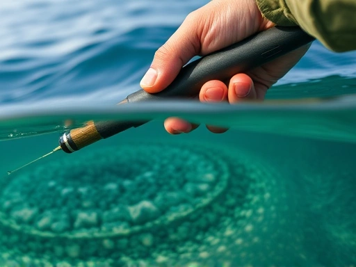 A close-up shot of an experienced hand holding a fishing rod, feeling the subtle vibrations and resistance from a lead line touching different types of seabed, indicating bottom topography.