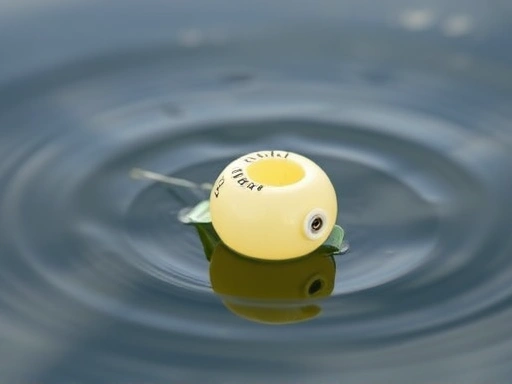 Close-up of a fishing float gently resting on the water's surface, showing subtle ripples, illustrating the basic principles of bream fishing.