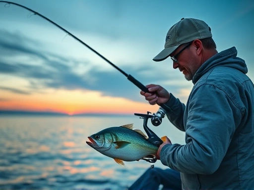 An angler carefully assembling a sensitive fishing rod and reel by the calm sea at dawn, focusing on bream fishing tackle setup.