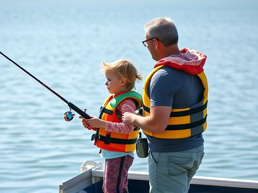 A parent and child fishing together, both wearing life jackets, standing on a safe, flat dock near a calm lake, with fishing rods in hand. Sunny day, focus on safety and family bonding.