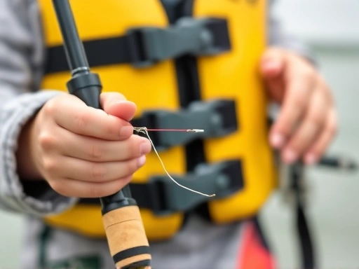 Close-up of a child's hand holding a fishing rod with a parent's hand gently guiding, highlighting a child-sized life jacket and a safe, blunt fishing hook. Focus on gear and guidance.