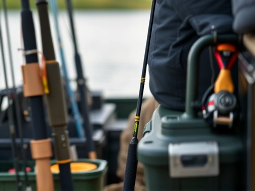 Close-up of fishing rods and tackle boxes neatly arranged, highlighting the personal space around an angler, with a blurred background of a quiet and well-maintained fishing environment.