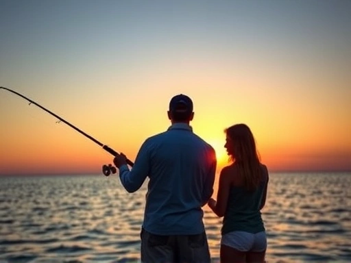 A couple fishing together at sunset, showcasing a romantic and serene atmosphere with fishing rods and tackle.