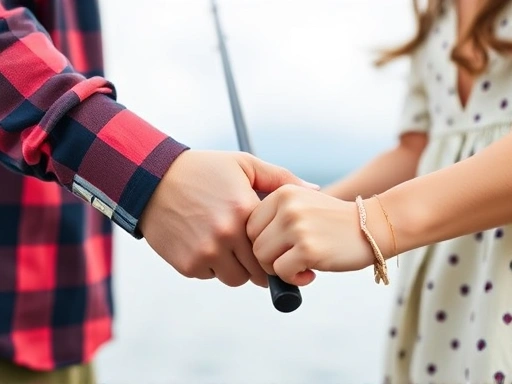 Close-up of a couple's hands holding a fishing rod, emphasizing teamwork and the shared experience of fishing.