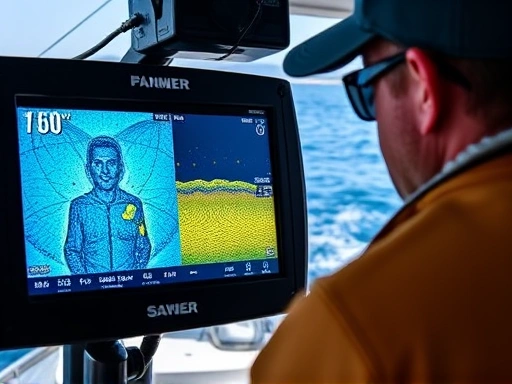 An angler on a boat intently watching a fish finder screen, displaying detailed sonar readings of depth and underwater structures, with clear blue water and some fish symbols visible.