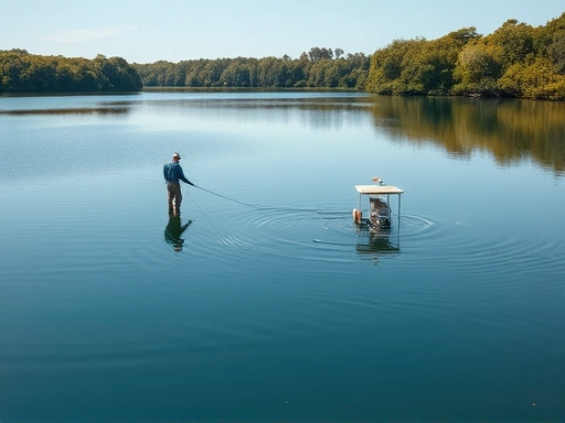A serene lake with a fisherman using biodegradable fishing line, surrounded by lush greenery.