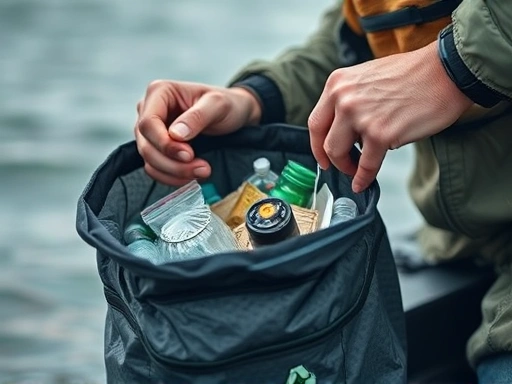 Close-up of a fisherman carefully disposing of trash in a designated bag, emphasizing responsible waste management.