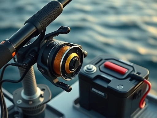 A detailed image showing an electric fishing reel connected to a fishing rod, with a battery pack beside it, illustrating the process of fishing in a deep sea setting. Focus on the gear and a calm ocean background.