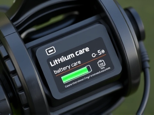 A close-up shot of a lithium-ion battery pack for an electric reel, connected to its specific charger, with a clear display of battery level and charging status, emphasizing safe battery care.