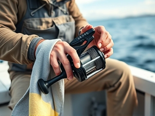 A fisherman cleaning his electric fishing reel battery with a dry towel on a boat.