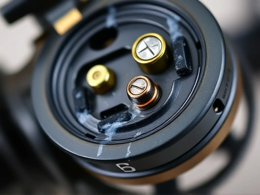 Close-up of an electric fishing reel battery terminals after cleaning, showing details.