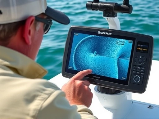 An expert angler uses a fish finder on a boat, analyzing the detailed sonar screen showing fish arches and underwater structures, with clear waters in the background.