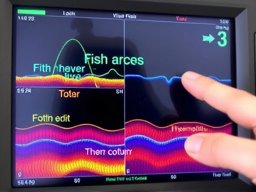 Close-up of a fish finder screen displaying distinct fish arches, bottom contours, and thermocline layers, with a hand pointing to a key detail for fish finder interpretation.