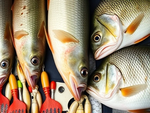 A close-up shot of different fish species, such as bass, carp, and sea bream, with their preferred baits laid out next to them, illustrating fish species bait preference.