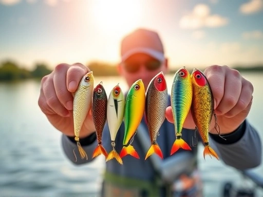 An angler holding fishing lures, showing various colors and designs, with a blurred background of a lake under a sunny sky, focusing on effective lure color theory.