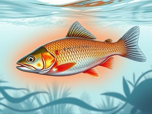 A detailed illustration of a fish in a clear freshwater environment, with thermographic overlays showing optimal temperature zones around the fish, indicating its active state. Include subtle graphical elements of water currents.